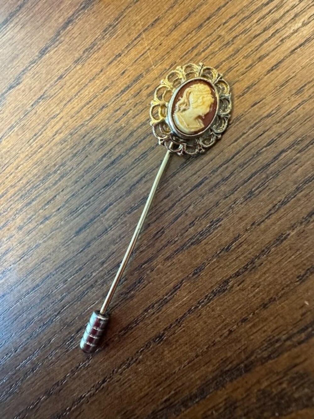 Vintage Gold Tone Cameo Stick Pin Filigree Frame 2in With Box